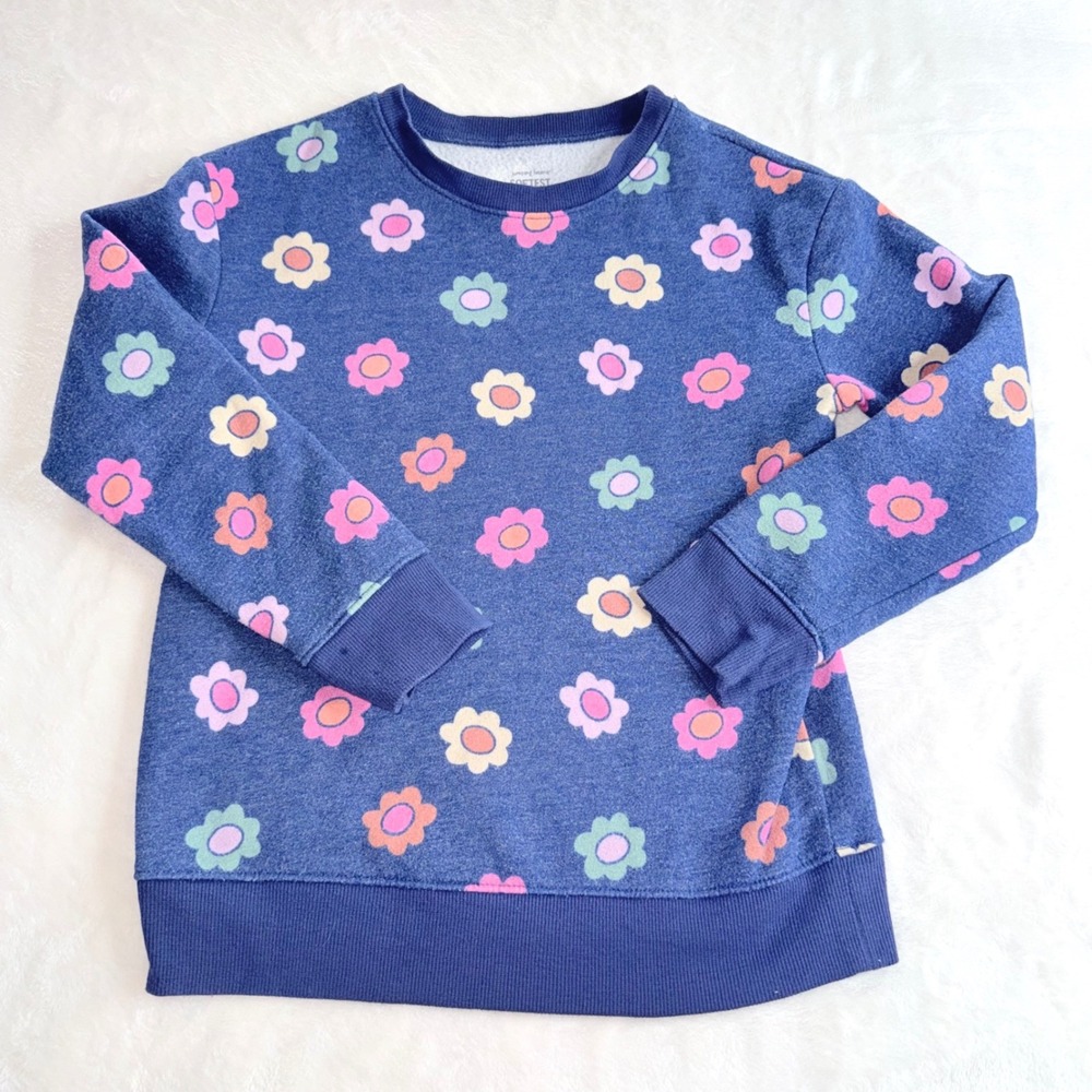 Jumping Beans Fleece Sweatshirt Kids Size 7 Blue Floral Print Crew Neck Pullover